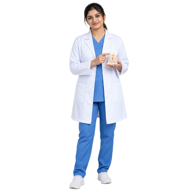 Woman in a white coat over blue scrubs holding a dental model