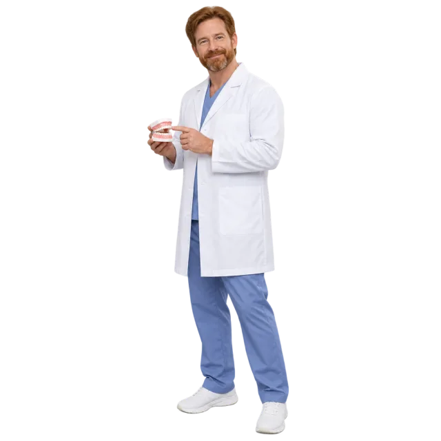 Man in a white coat over blue scrubs holding a dental model