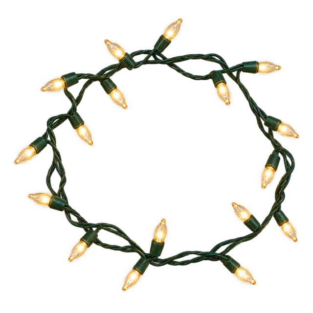 A loose loop of dark green wire with glowing warm white fairy lights
