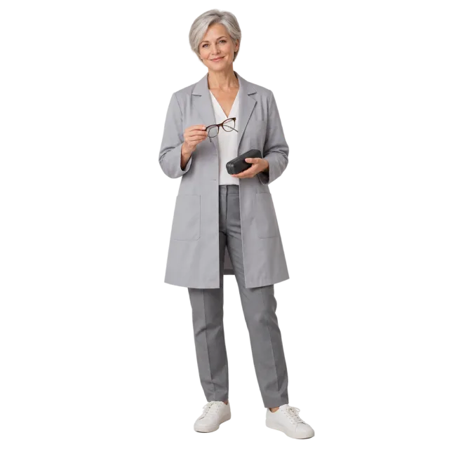 Gray-haired woman in a gray coat holding glasses and a dark case