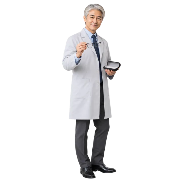 Gray-haired man in a pale coat holding glasses and a dark case