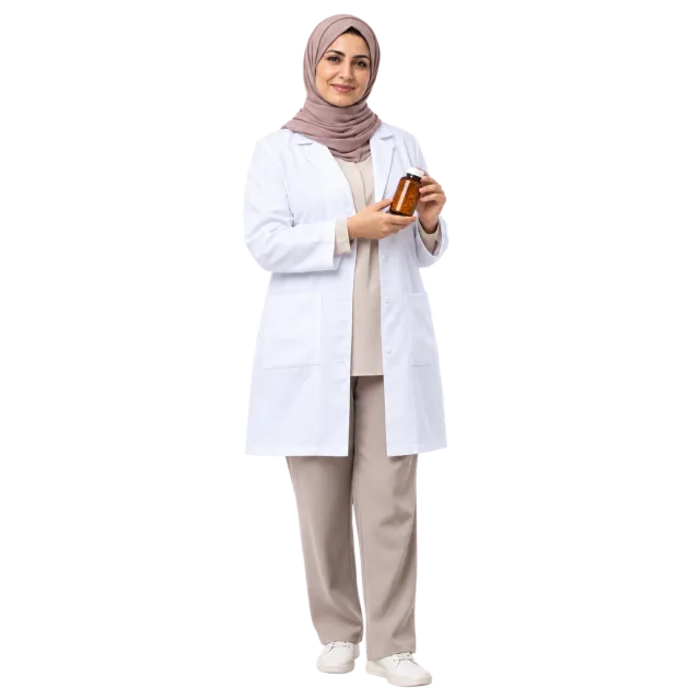 Woman in a white coat and pale headscarf holding a medicine bottle