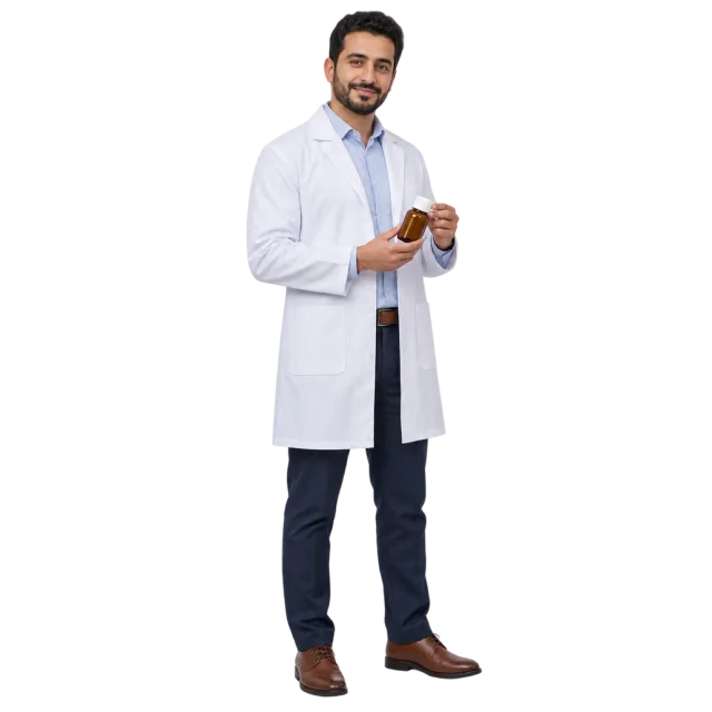 Man in a white coat and dark trousers holding a medicine bottle