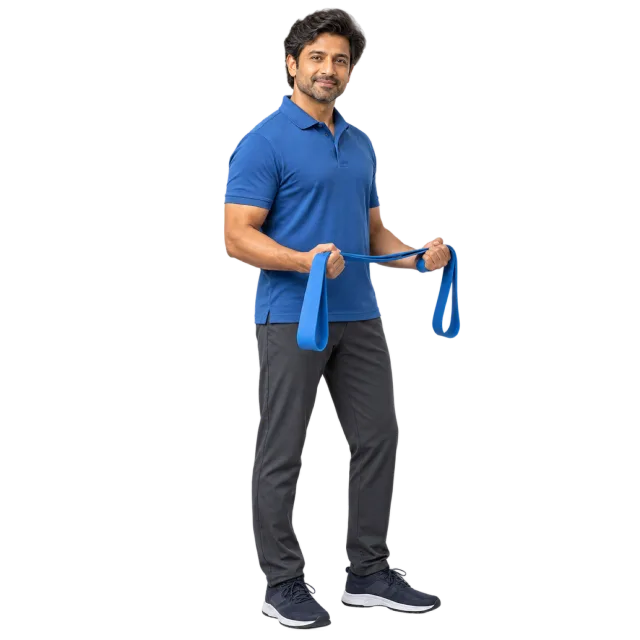 Man in a blue polo shirt holding a blue resistance band