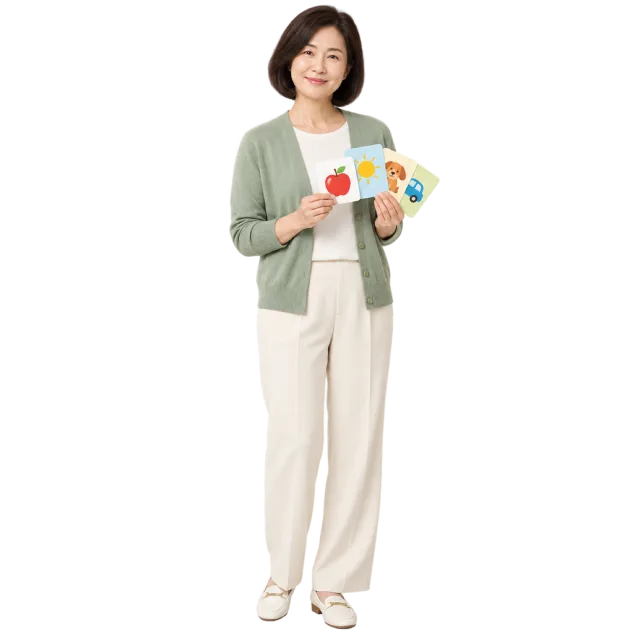 Woman in a sage cardigan holding colorful picture cards