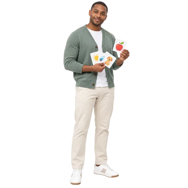 Man in a sage cardigan holding colorful picture cards