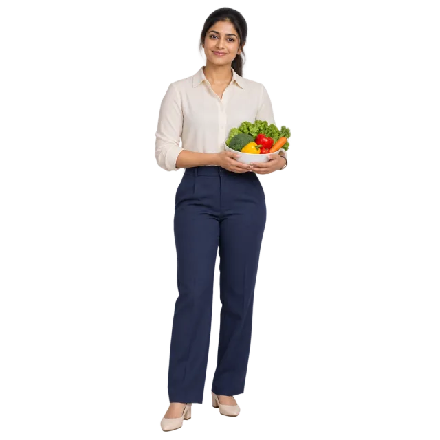 Woman in a cream blouse and navy trousers holding a bowl of vegetables