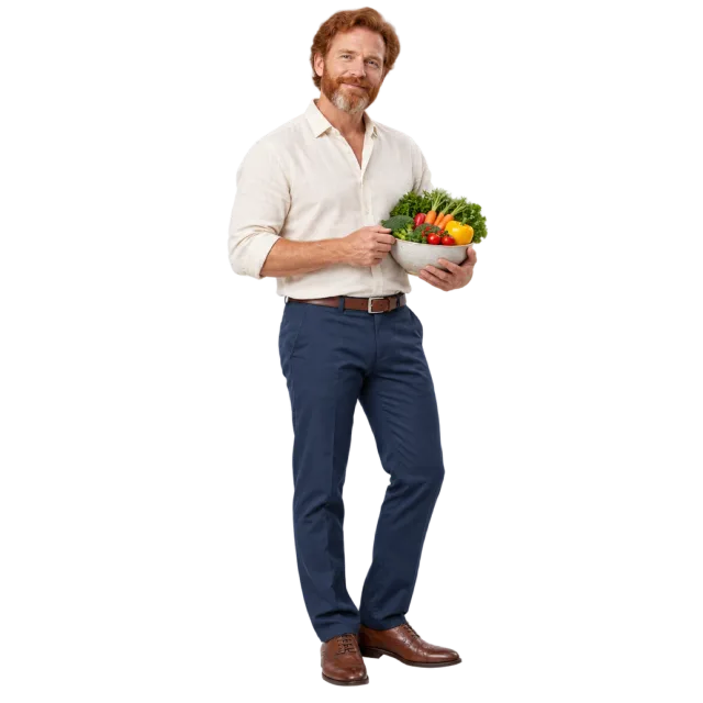 Man in a cream shirt and navy trousers holding a bowl of vegetables
