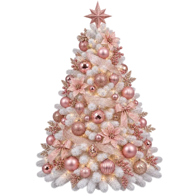 A pale Christmas tree decorated with pink and gold ornaments and a pink star
