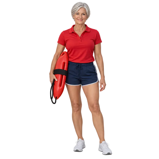 Gray-haired woman in a red polo and navy shorts carrying a rescue float
