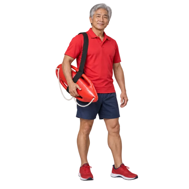 Gray-haired man in a red polo and navy shorts carrying a rescue float