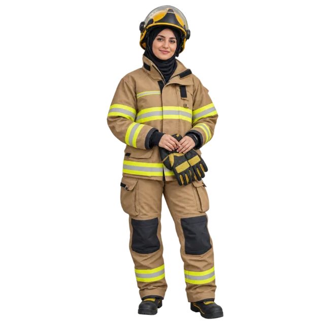 Woman in tan reflective firefighter clothing and a yellow helmet