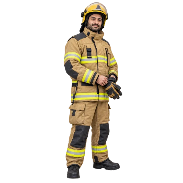 Man in tan reflective firefighter clothing and a yellow helmet