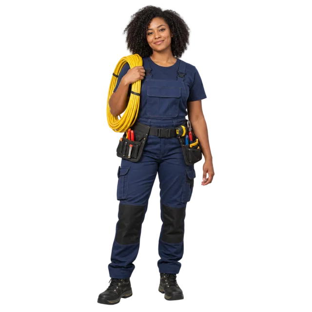 Woman in navy workwear carrying a yellow cable coil and wearing a tool belt