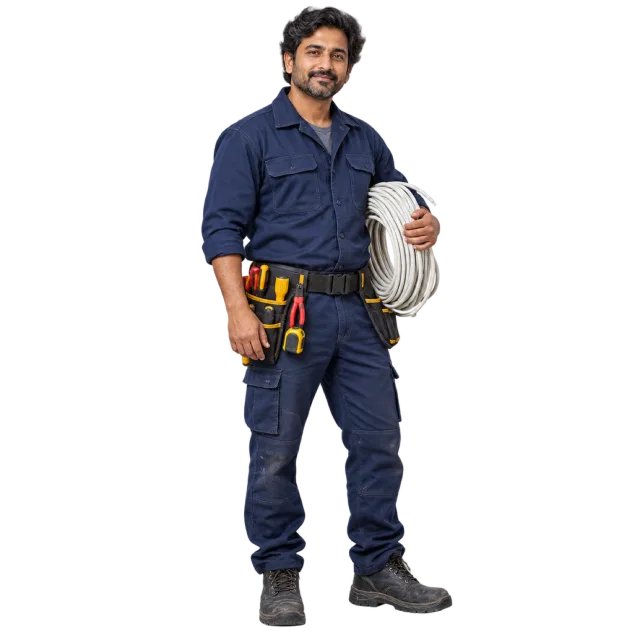 Man in navy workwear carrying a white cable coil and wearing a tool belt