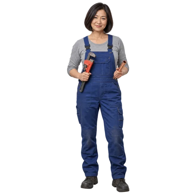Woman in blue overalls holding a red pipe wrench