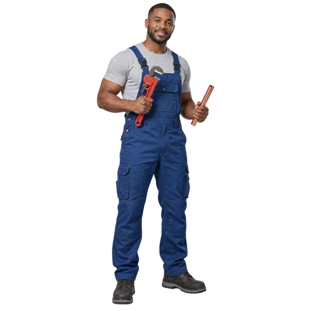 Man in blue overalls holding a red pipe wrench and pipe fitting