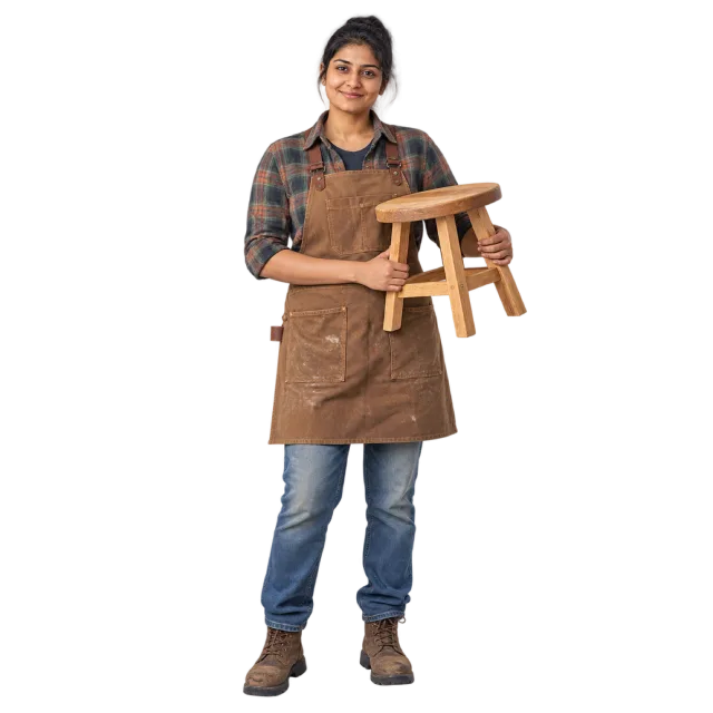 Woman in a brown work apron holding a small wooden stool