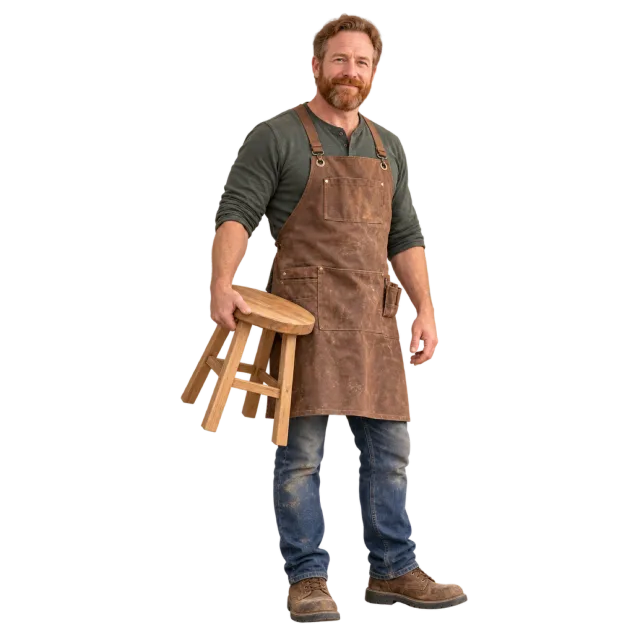 Man in a brown work apron holding a small wooden stool