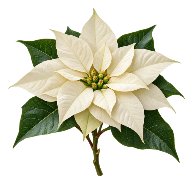 A cream-white poinsettia bloom with green foliage and a yellow-green center
