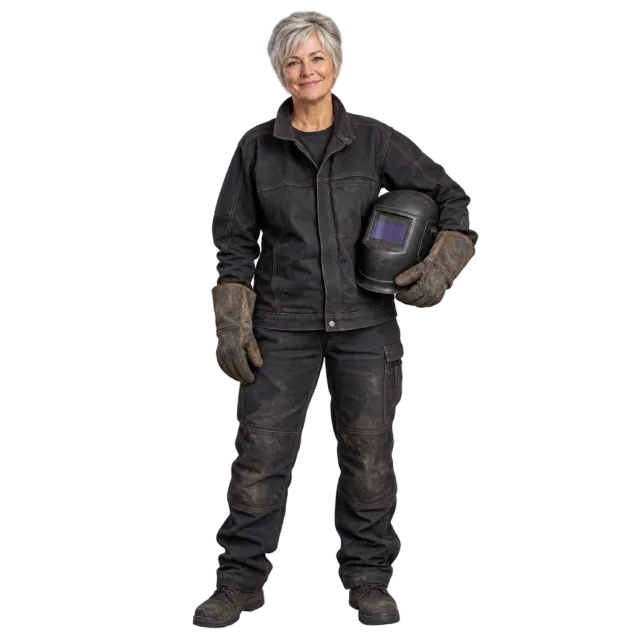 Gray-haired woman in black protective workwear carrying a welding helmet