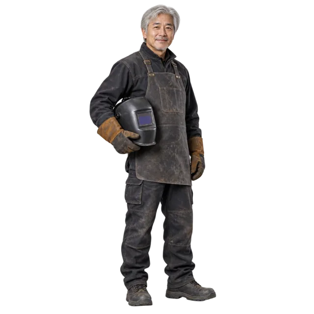 Gray-haired man in black protective workwear carrying a welding helmet