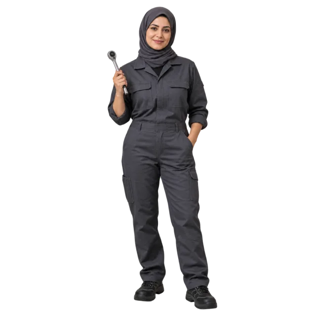 Woman in black coveralls and a dark headscarf holding a wrench