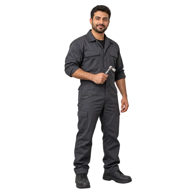 Man in black coveralls holding a wrench