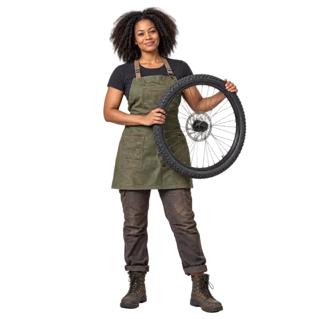 Woman in an olive work apron holding a bicycle wheel