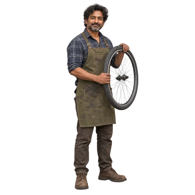 Man in an olive work apron and checked shirt holding a bicycle wheel