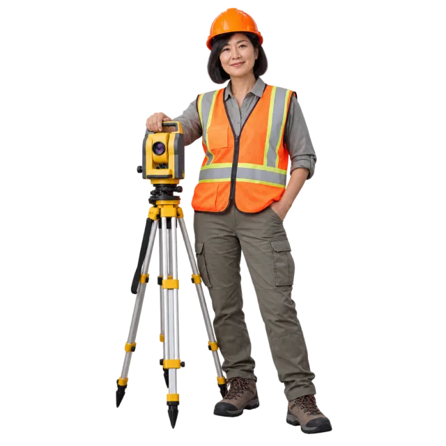 Woman in an orange hard hat and reflective vest beside a surveying instrument on a tripod