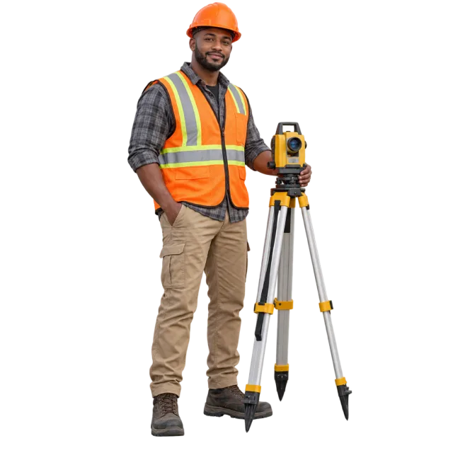 Man in an orange hard hat and reflective vest beside a surveying instrument on a tripod