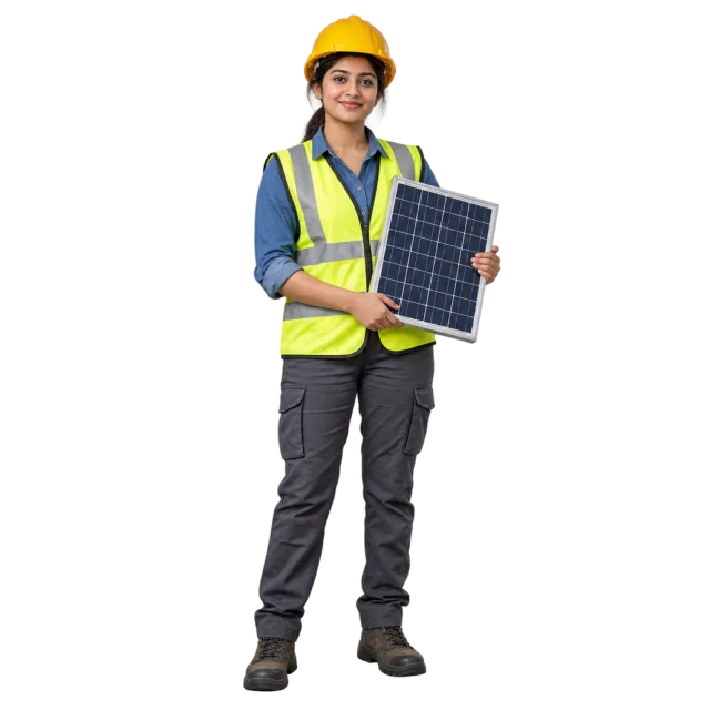 Woman in a yellow hard hat and high-visibility vest holding a small solar panel