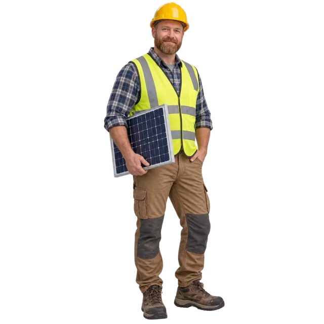 Man in a yellow hard hat and high-visibility vest holding a small solar panel