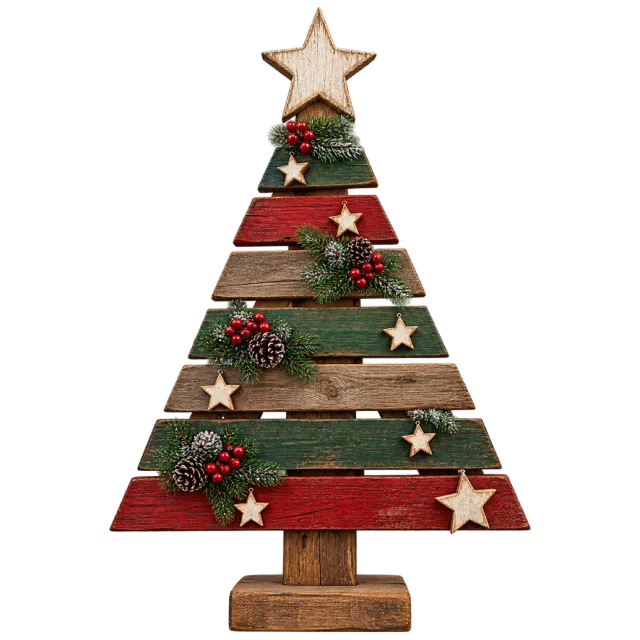 A tree-shaped decoration made from red and green wooden slats with small stars