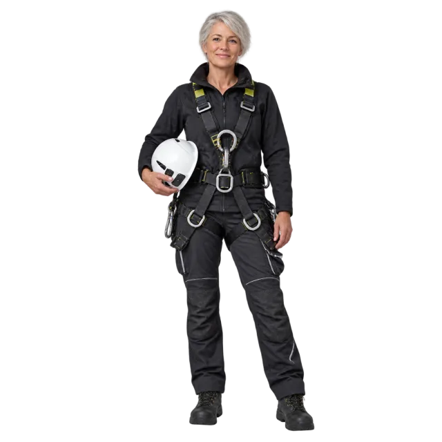 Gray-haired woman in dark workwear and a safety harness carrying a white helmet