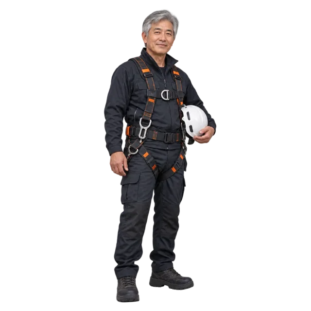 Gray-haired man in dark workwear and a safety harness carrying a white helmet