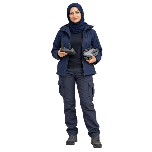Woman in navy outdoor clothing and a dark headscarf holding a drone and controller