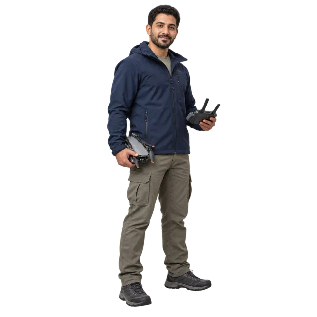 Man in a navy shirt and olive trousers holding a drone and controller