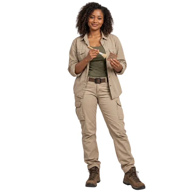 Woman in beige field clothing examining a small object with a brush