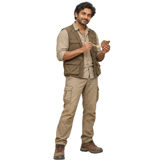 Man in beige field clothing examining a small object with a brush