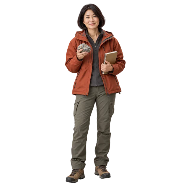 Woman in a rust-colored outdoor jacket holding a rock sample and notebook