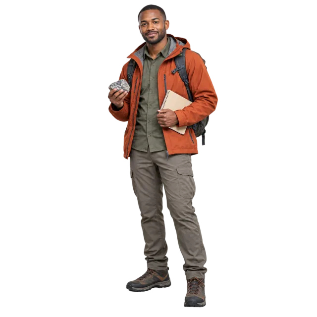 Man in a rust-colored outdoor jacket holding a rock sample and notebook