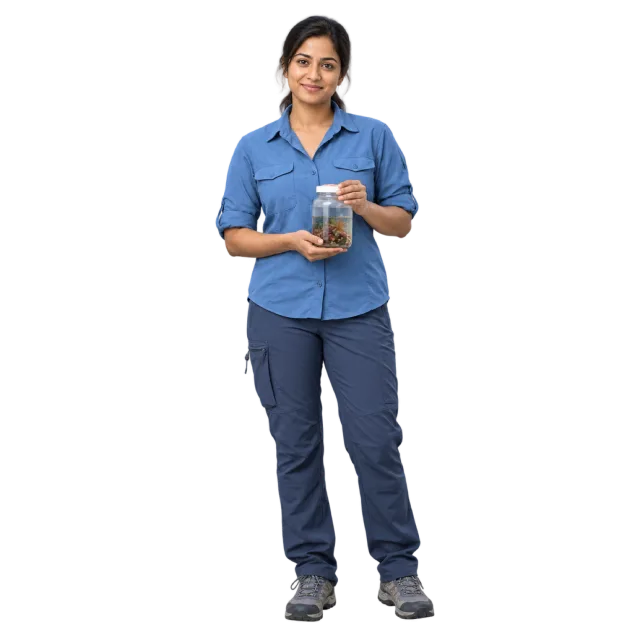 Woman in a blue field shirt holding a clear sample container