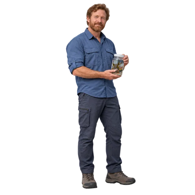 Man in a blue field shirt holding a clear sample container