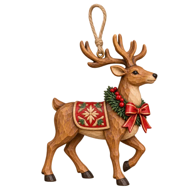A carved wooden reindeer ornament with painted festive details and a twine loop