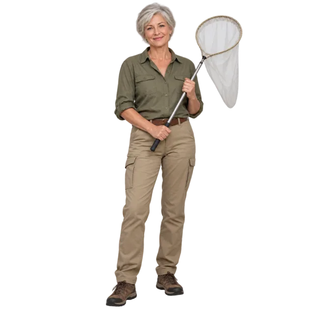 Gray-haired woman in an olive field shirt holding a mesh collecting net