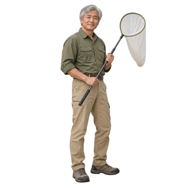 Gray-haired man in an olive field shirt holding a mesh collecting net