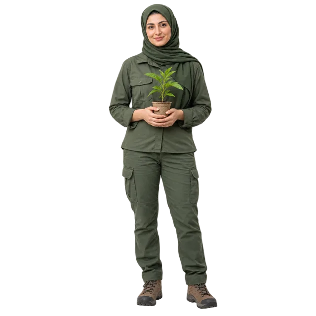 Woman in green field clothing and a green headscarf holding a seedling