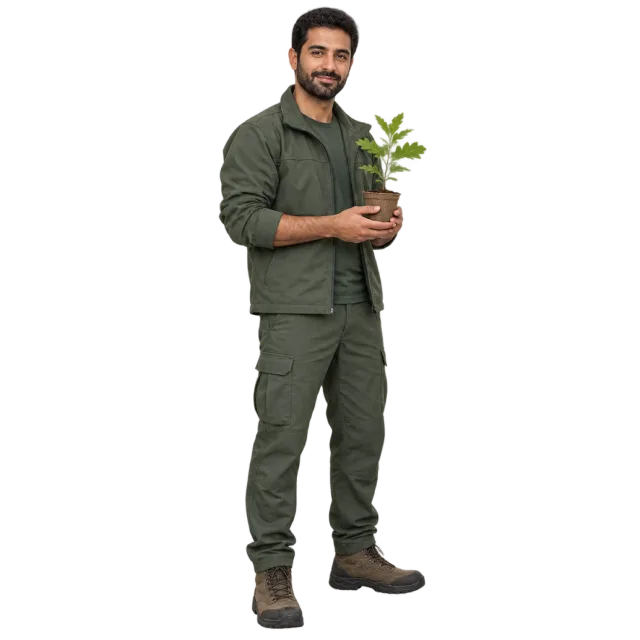 Man in green field clothing holding a seedling